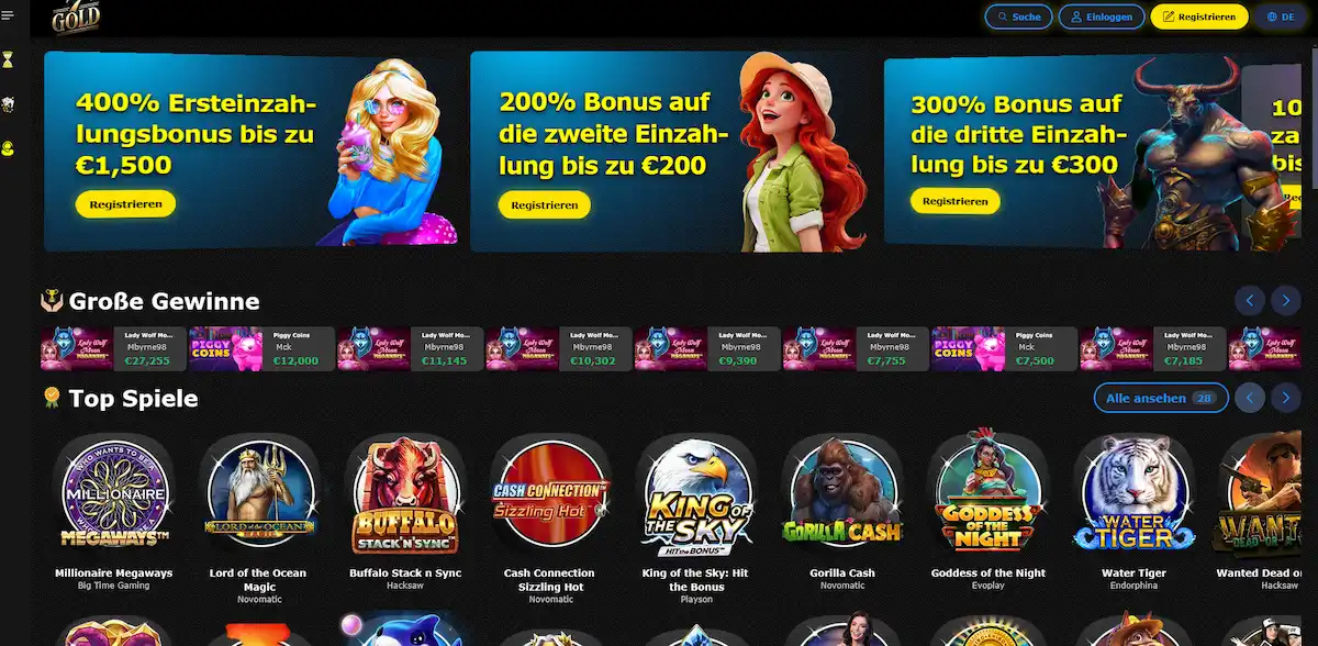 7gold Casino Startseite mit Willkommensbonus und Top-Spielen