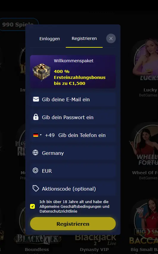 Registrierungsformular für ein neues 7gold-Konto mit Bonus-Aktivierung